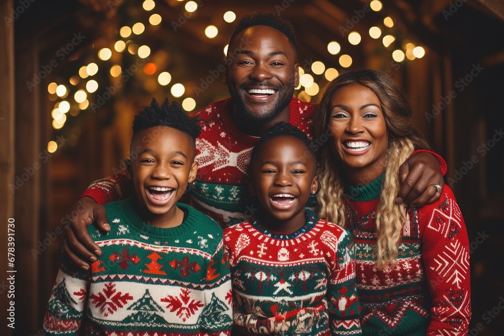 Smiling african american family in ugly Christmas sweater. - obrazy, fototapety, plakaty 