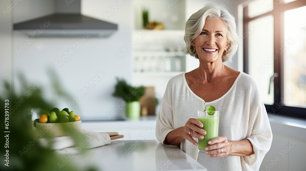 Healthy Senior Woman Smiling While Holding Glass of Green Juice. Generative AI - obrazy, fototapety, plakaty 