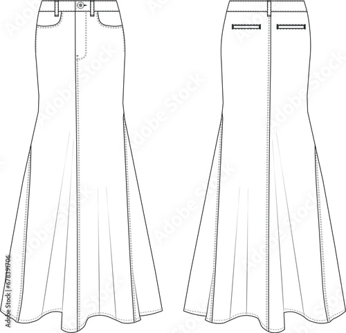 maxi long mermaid flared welt pocket detailed skirt template technical drawing flat sketch fashion woman 