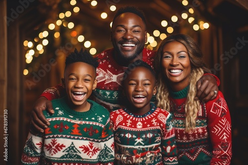Smiling african american family in ugly Christmas sweater. photo