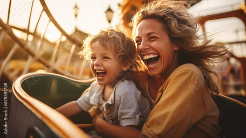 Mother And Her Daughter Riding A Roller Coaster At An Amusement Park Or Fair, Experiencing Excitement, Joy And Laughter. Generative AI photo