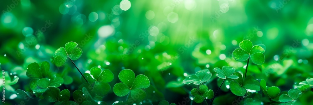 Green abstract St Patricks day horizontal background with sparkling shamrock shapes, Green clover leaves , 17 march holiday concept., wallpaper banner 
