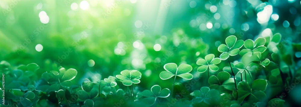 Green abstract St Patricks day horizontal background with sparkling shamrock shapes, Green clover leaves , 17 march holiday concept., wallpaper banner 