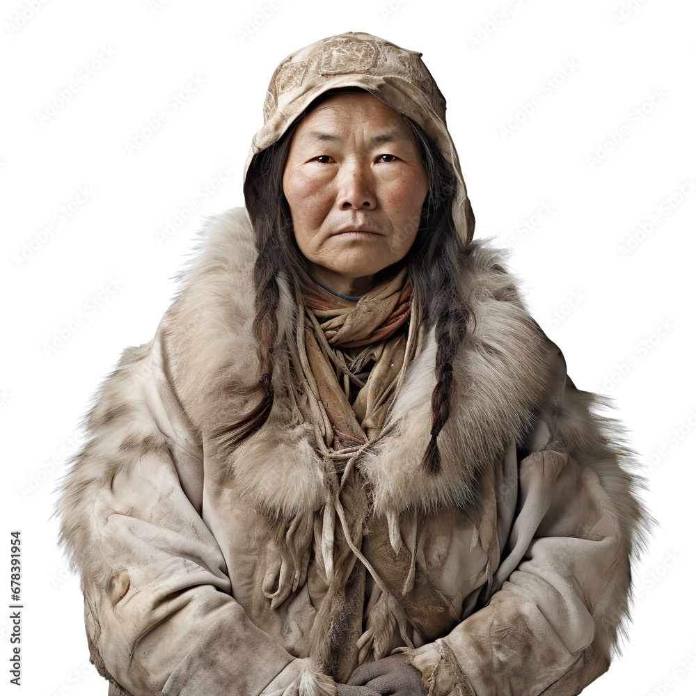 front view mid body shot of a female Inuk from the Inuit people in a Caribou Skin traditional clothing isolated on a white transparent background front view mid body shot of a female Inuk from the Inuit people in a Caribou Skin traditional clothing isolated on a white transparent background