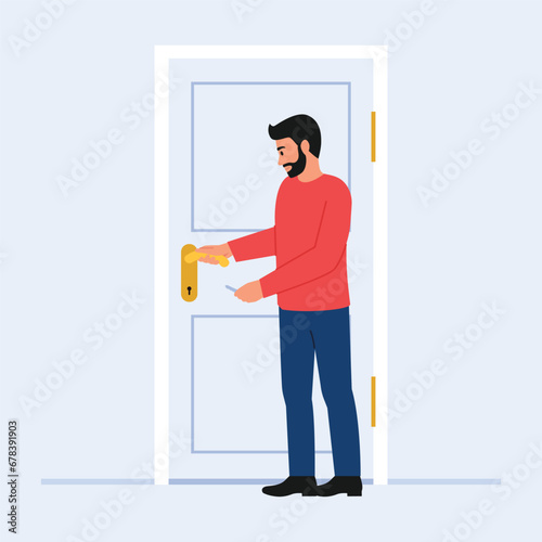 Vector illustration of a guy who closes or opens the apartment door. Cartoon scene with a bearded guy holding a key in his hand and closing the apartment door isolated on a white background.