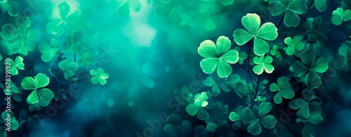 Green abstract St Patricks day horizontal background with sparkling shamrock shapes  Green clover leaves   17 march holiday concept.  wallpaper banner 