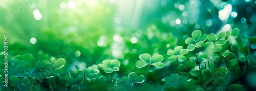 Green abstract St Patricks day horizontal background with sparkling shamrock shapes, Green clover leaves , 17 march holiday concept., wallpaper banner 