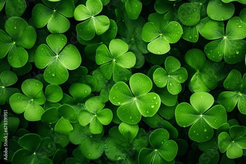 Green abstract St Patricks day horizontal background with sparkling shamrock shapes, Green clover leaves , 17 march holiday concept., wallpaper banner 