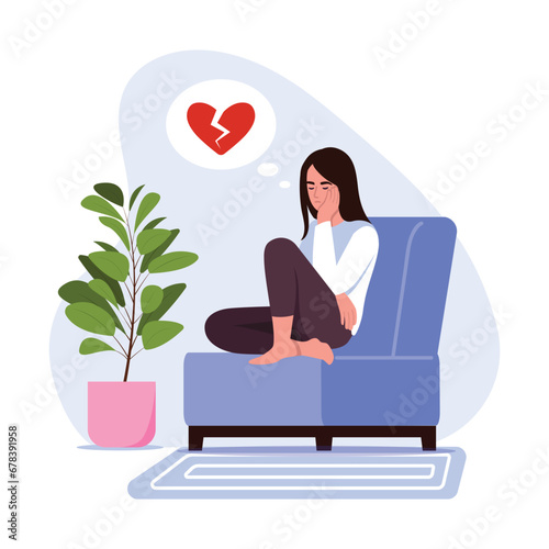 Vector illustration of a girl with a broken heart. Cartoon scene with a sad girl with a broken heart because of unrequited love, sitting in a room, in a chair, a flower pot on a white background.