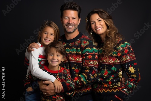 Smiling family in ugly Christmas sweater. 