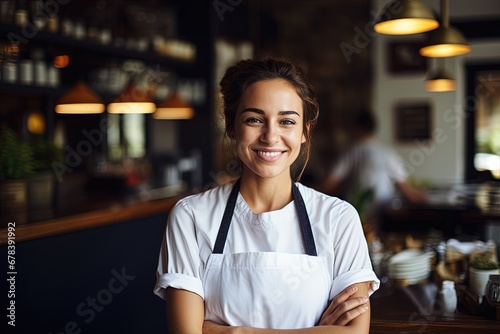 Smiling female chef in her restaurant.