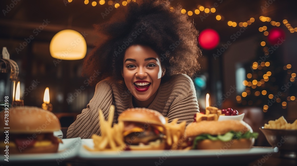 Obraz premium Portrait of a beautiful young African woman in a warm sweater. Celebrating Christmas with a hamburger and chips
