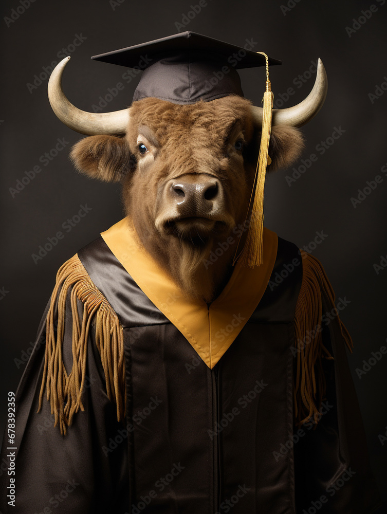 An Anthropomorphic Bison Dressed Up as a College Graduate Wearing a Cap and Gown