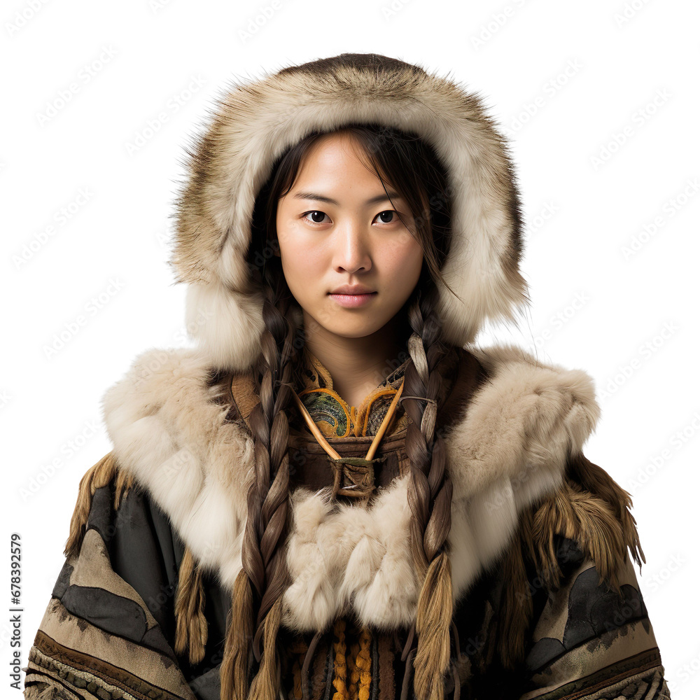 front view mid body shot of a female Ainu from Japan in an Attus traditional clothing isolated on a white transparent background front view mid body shot of a female Ainu from Japan in an Attus traditional clothing isolated on a white transparent background