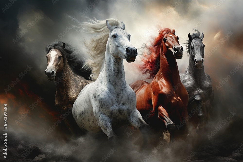 Four horses of the apocalypse - white, red, black and pale. Bible revelation.	 - obrazy, fototapety, plakaty 