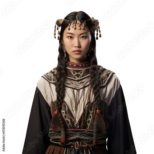 front view mid body shot of a female Ainu from Japan in an Attus traditional clothing isolated on a white transparent background