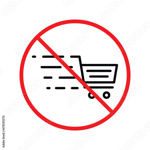 Forbidden online shopping symbol. Prohibited Warning, caution, attention, restriction label danger. No online shopping flat sign design. Do not use trolley vector icon pictogram. UX UI icon