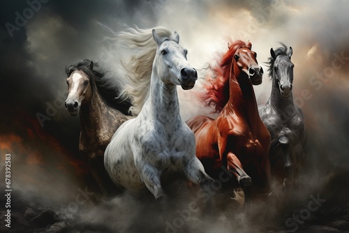 Four horses of the apocalypse - white, red, black and pale. Bible revelation.	 photo
