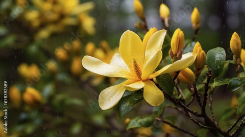 Beautiful yellow magnolia flowers with rain drops on the branches. Springtime Concept. Valentine's Day Concept with a Copy Space. Mother's Day.