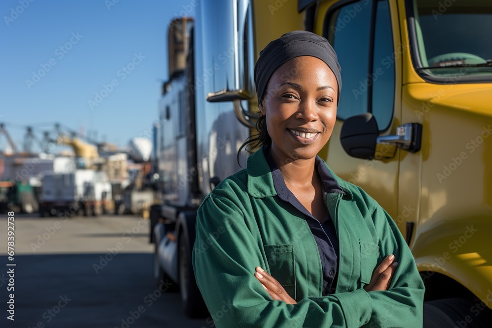 Beautiful smiling female truck driver. Beautiful smiling female truck driver.