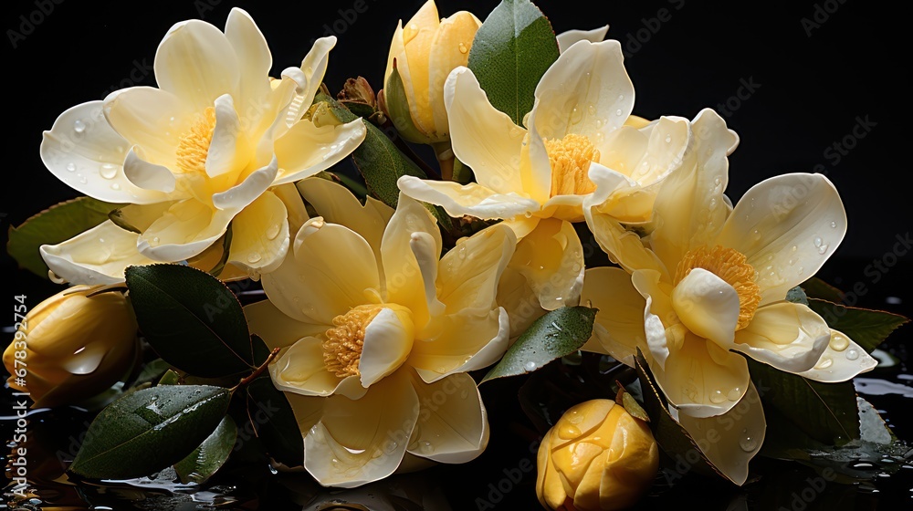 Beautiful yellow magnolia flowers on black background, close-up. Springtime Concept. Valentine's Day Concept with a Copy Space. Mother's Day.