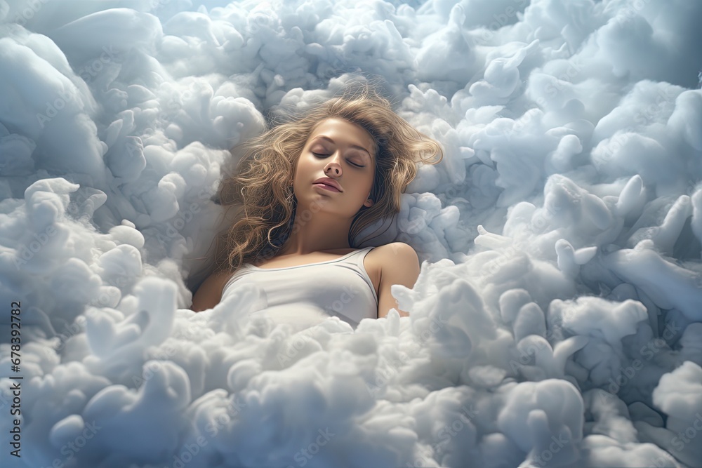 Woman sleeping on a white cloud.	