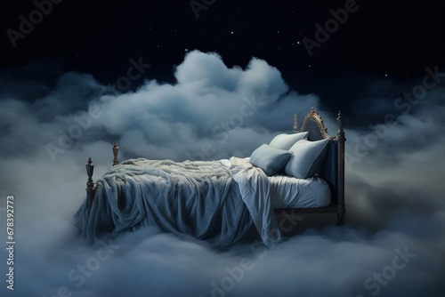 A bed with a blanket and pillows in the clouds at night.