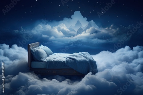 A bed with a blanket and pillows in the clouds at night.