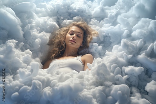 Woman sleeping on a white cloud.	
