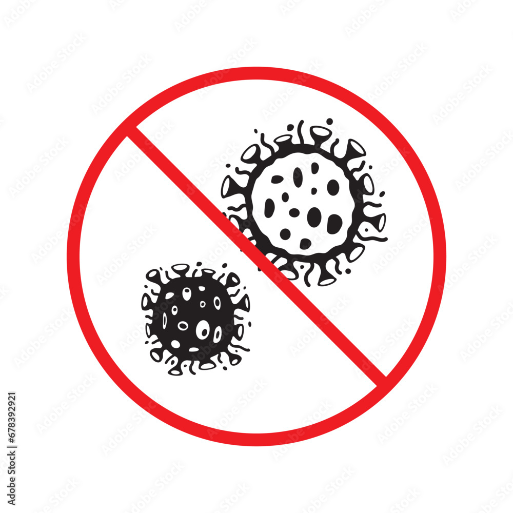 Stop corona virus icon. Forbidden microbe sign. No virus flat sign design. No bactery symbol pictogram. Warning caution attention restriction symbol icon UX UI Stop corona virus icon. Forbidden microbe sign. No virus flat sign design. No bactery symbol pictogram. Warning caution attention restriction symbol icon UX UI