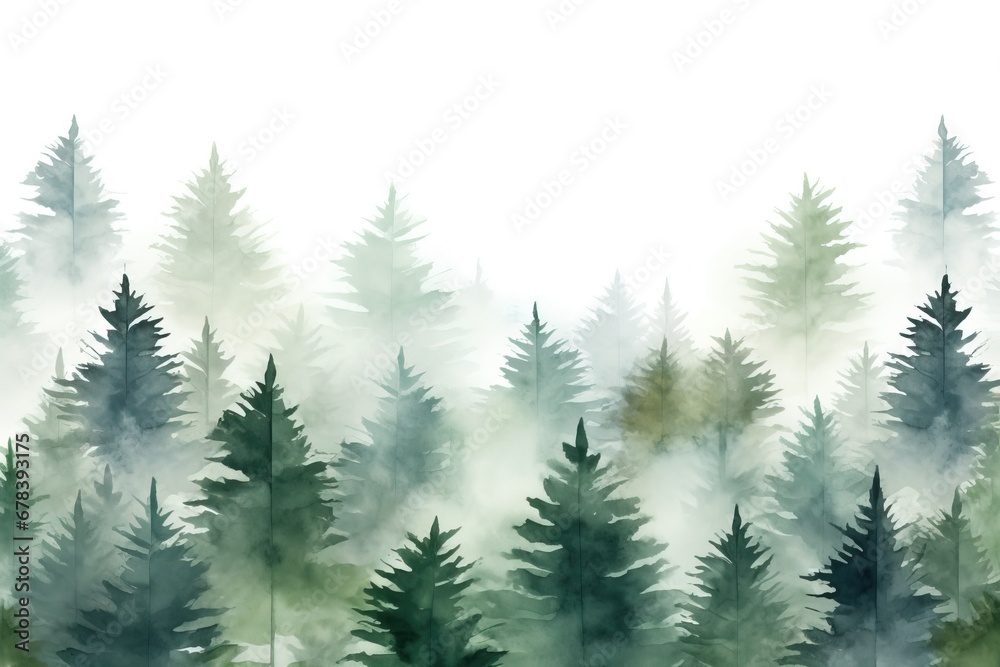 Watercolor misty spruces in forest.