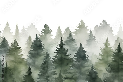 Watercolor misty spruces in forest.