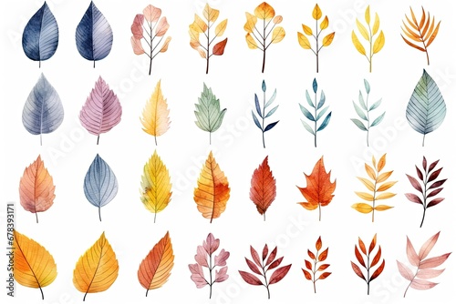 Watercolor colorful autumn leaves on white background.