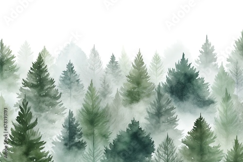 Watercolor misty spruces in forest.