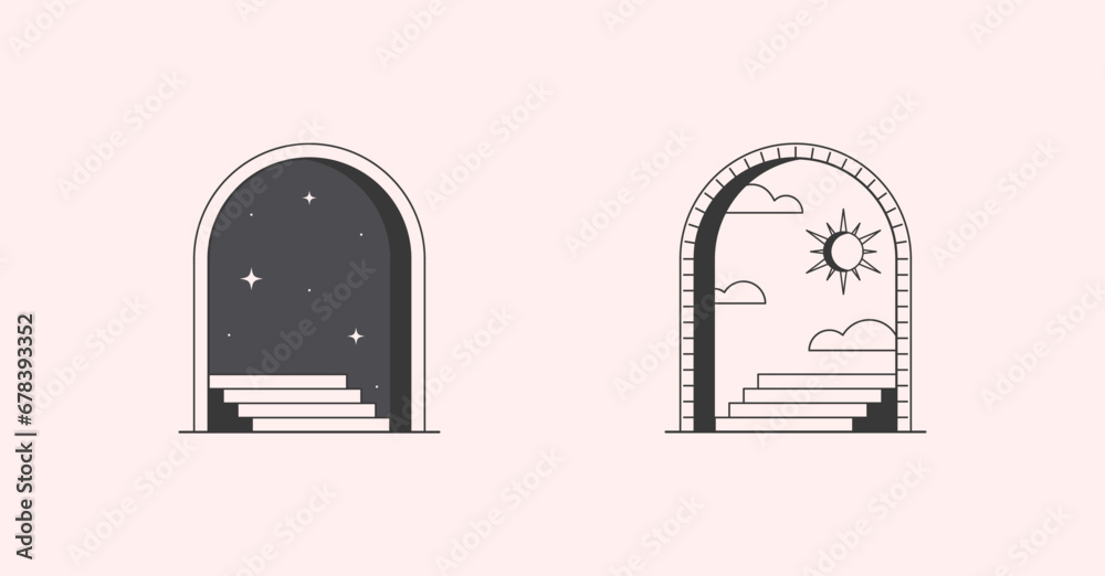Vector mystic logo design templates with portals,steps,night,stars and day with crescent moon. Surreal abstract illustrations in trendy minimal outline style.Magical emblems.Branding design templates. Vector mystic logo design templates with portals,steps,night,stars and day with crescent moon. Surreal abstract illustrations in trendy minimal outline style.Magical emblems.Branding design templates.
