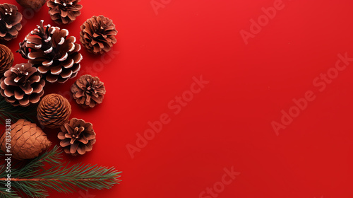 Christmas composition made of fir tree branches, gifts and pine cones on red background with a copy space.