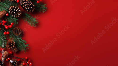 Christmas composition made of fir tree branches  gifts and pine cones on red background with a copy space.