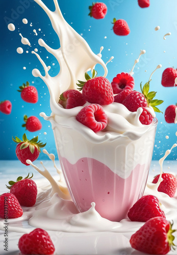 strawberries and raspberries fall and make a splash in the cream
