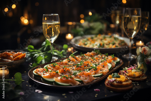 Holiday dishes, festive table.Delicious colorful appetizers and sparkling wine. Celebration Party. AI