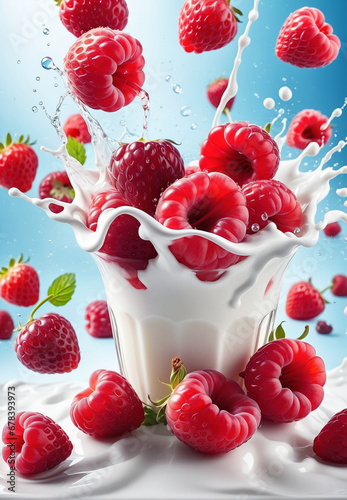 strawberries and raspberries fall and make a splash in the cream