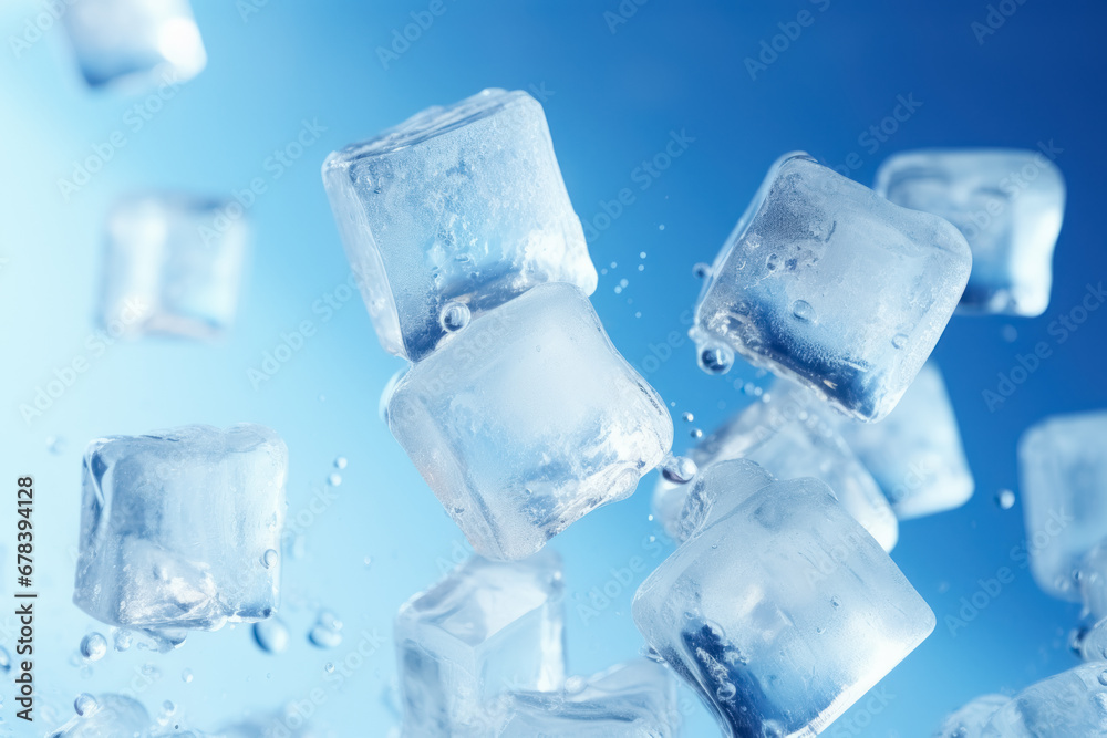 Transparent ice cubes for drinks take off with splashes of water against the blue sky Transparent ice cubes for drinks take off with splashes of water against the blue sky