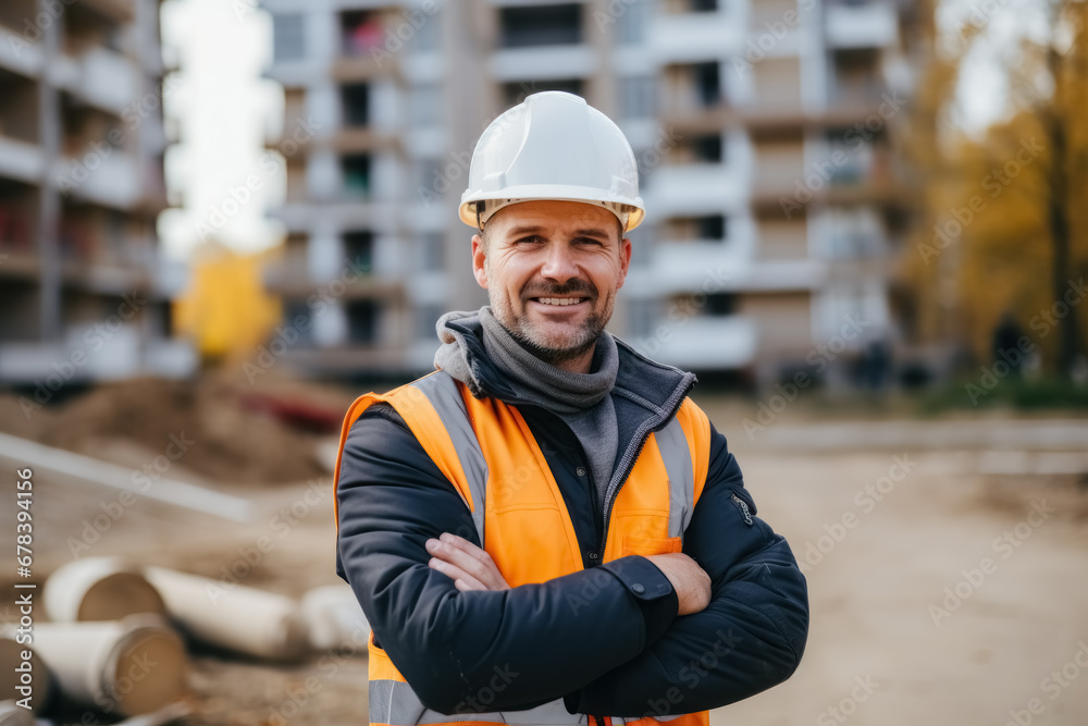 Portrait middle-aged construction worker with smile in orange colored uniform vest and protective helmet stands with arms crossed against background of houses under construction, looking into camera Portrait middle-aged construction worker with smile in orange colored uniform vest and protective helmet stands with arms crossed against background of houses under construction, looking into camera