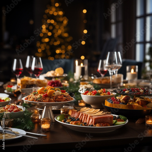 Christmas meal  served on the table with decoration christmas. New Year s decor with a Christmas tree on the background