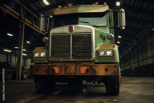 Front view of large, dirty, old, rusty, vintage green truck inside huge warehouse
