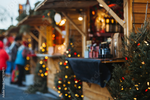 Festive Christmas market stall with twinkling lights photo