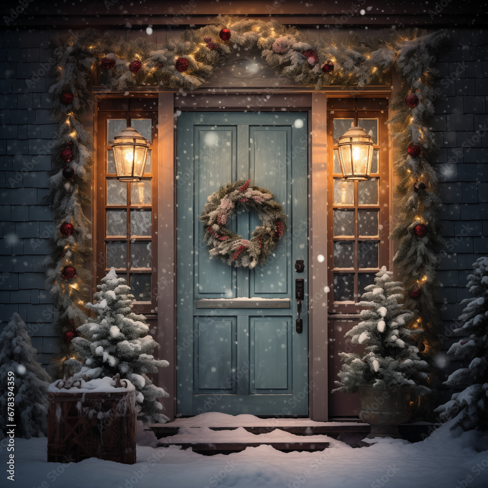 Snowy Entrance with Holiday Wreath