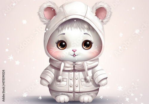 Cute animal bundled up in warm clothes in winter landscape. Invitation card. AI generated