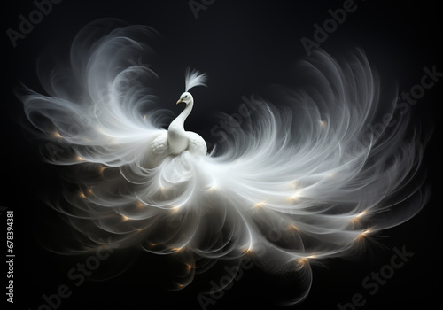 Abstract difuse white peacock in monochromatic style with smoke around. AI generative photo
