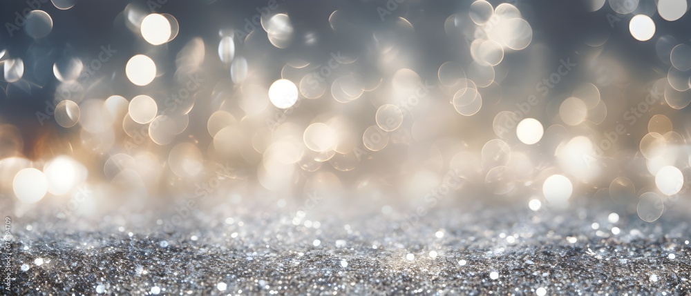 Blurred silver glitter and bokeh background.Sparkling or shimmering silver glitter background.