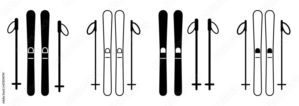 Set of skiing icons. Pair ski with ski poles. Winter mountain sport. Vector illustration - obrazy, fototapety, plakaty 